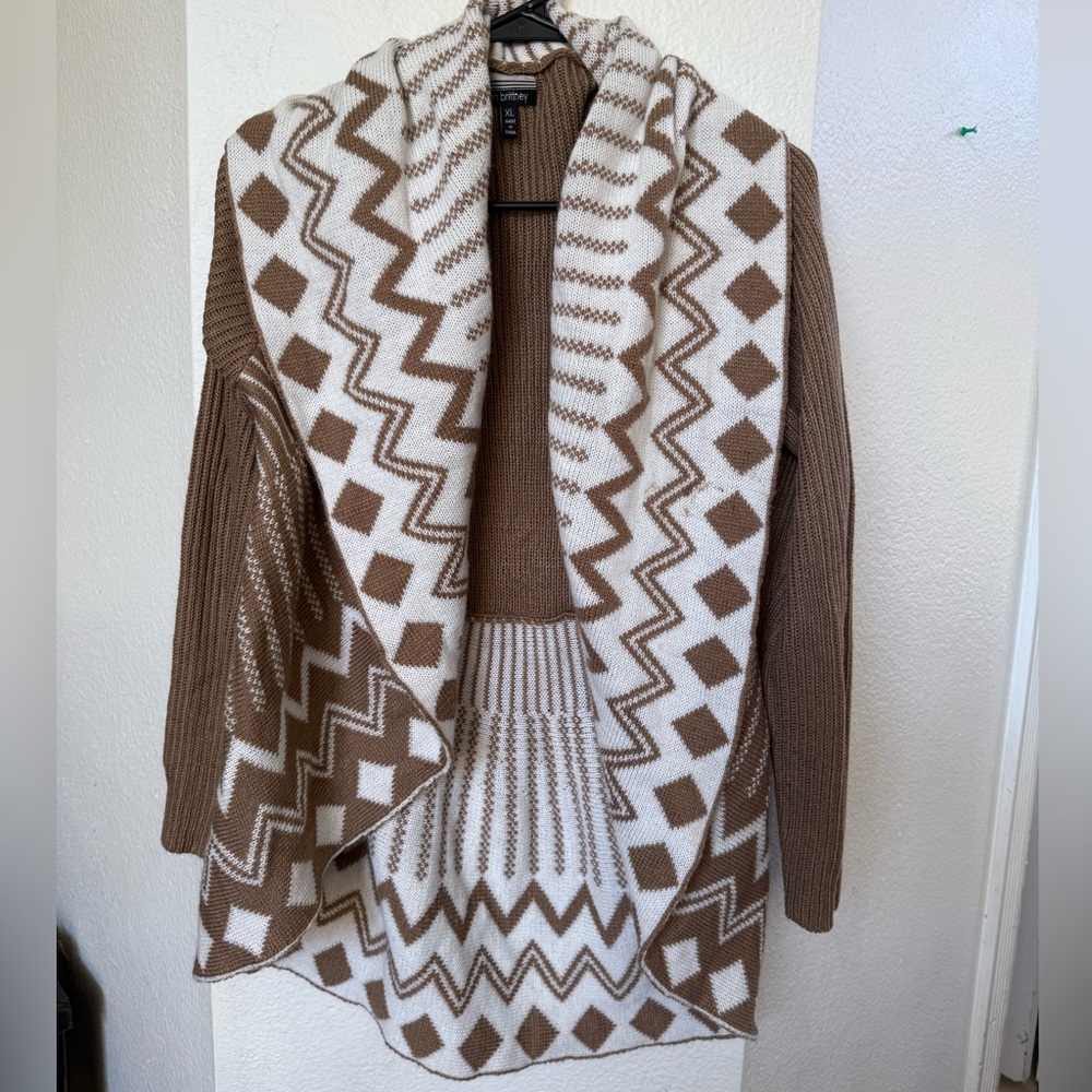 Brown and White Geometric Pattern Sweater